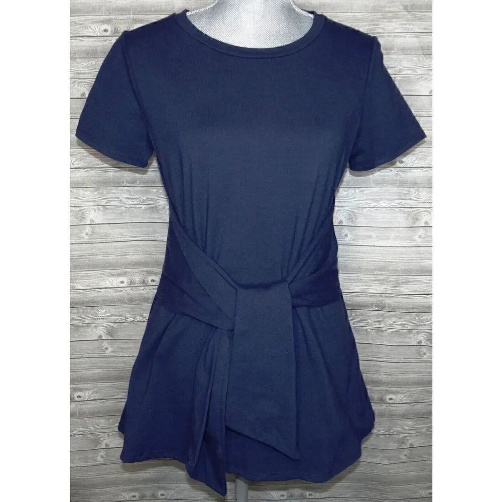 AGNES & DORA SHORT SLEEVE SIDE SEAM SASH KNIT TOP NAVY BLUE ~ SIZE L 12-14